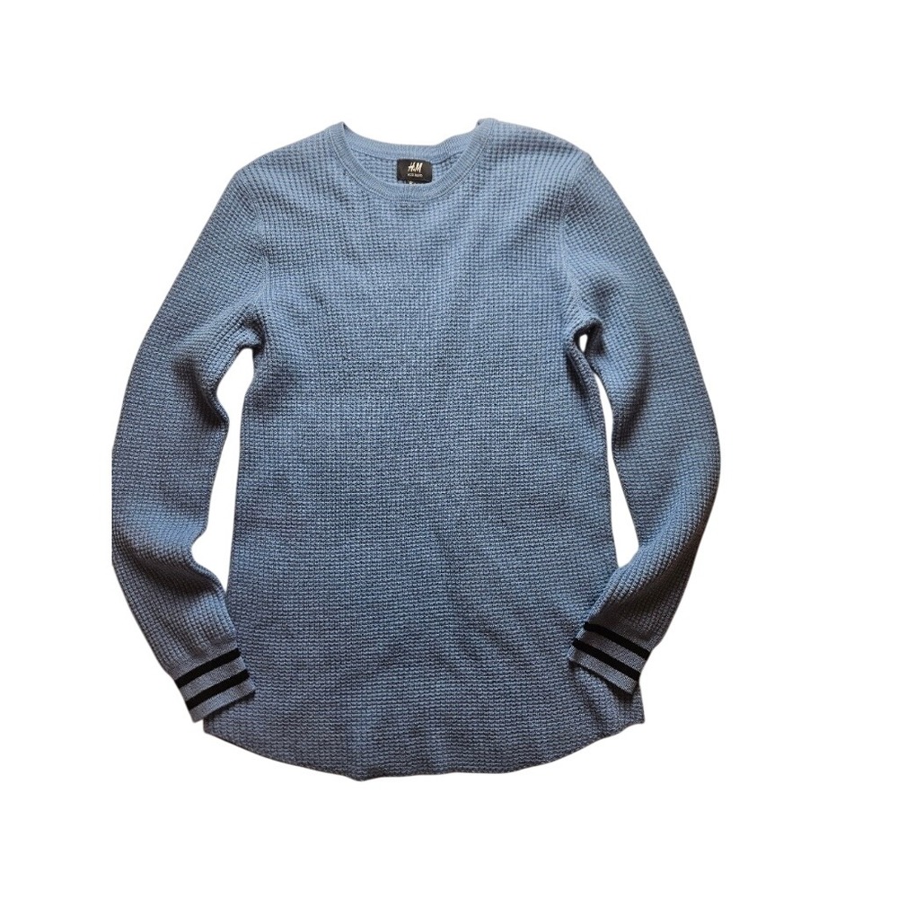 HM‎ Mens Wool Blend Waffle Knit Sweater Blue Long Sleeve Athletic Stripe Cuffs S